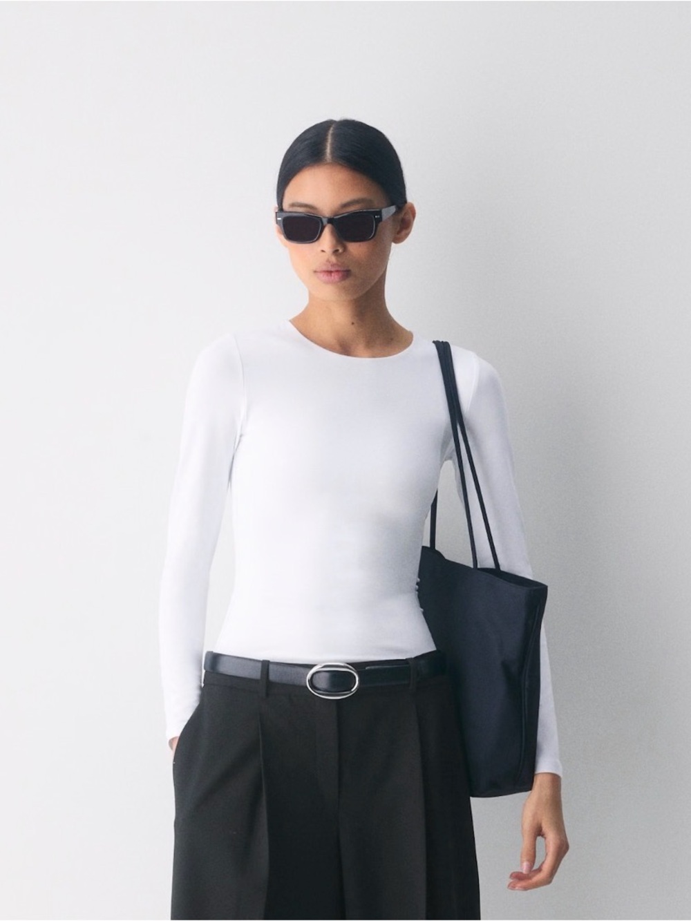 Babaton White Contour Long-Sleeve Crewneck Top